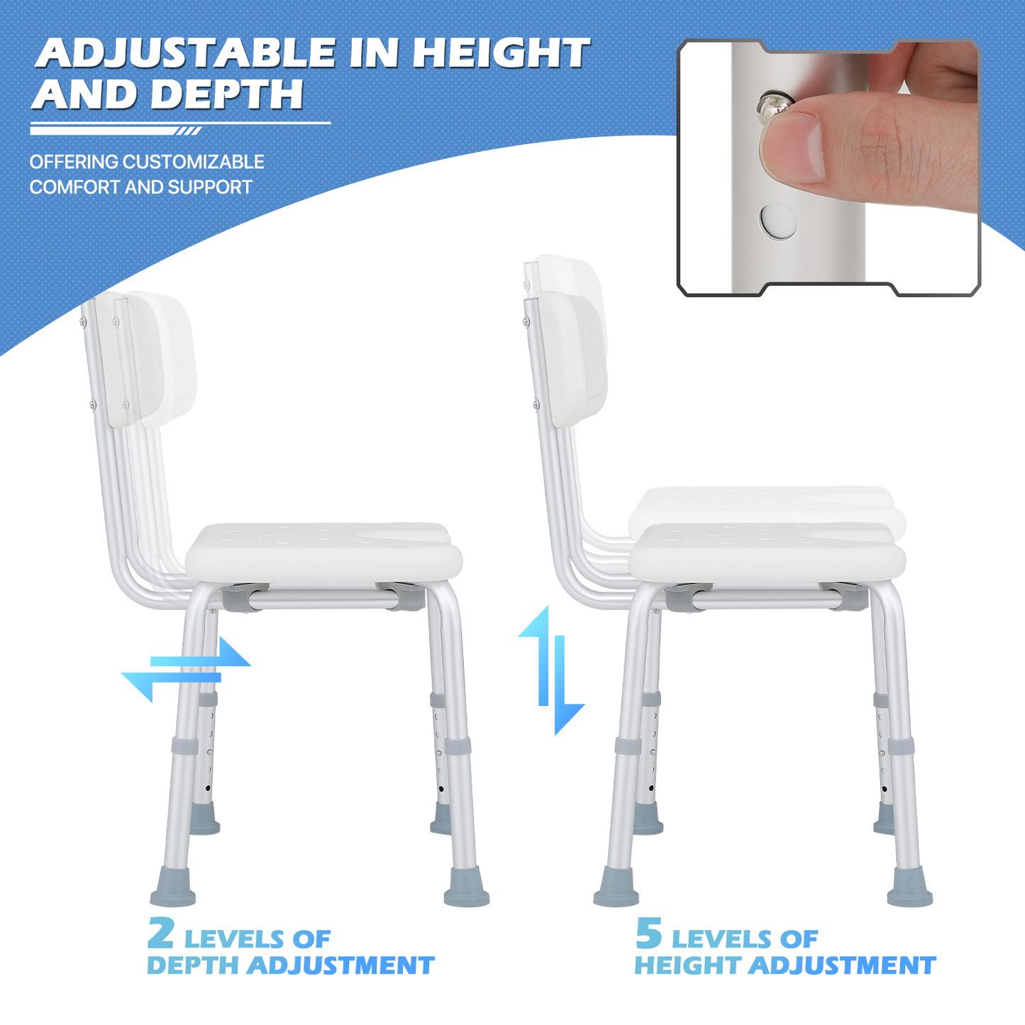 Shower Chair - 27''-31'' 5 Gears Height Adjustable - U-shaped Cutout Seat - White/Silver
