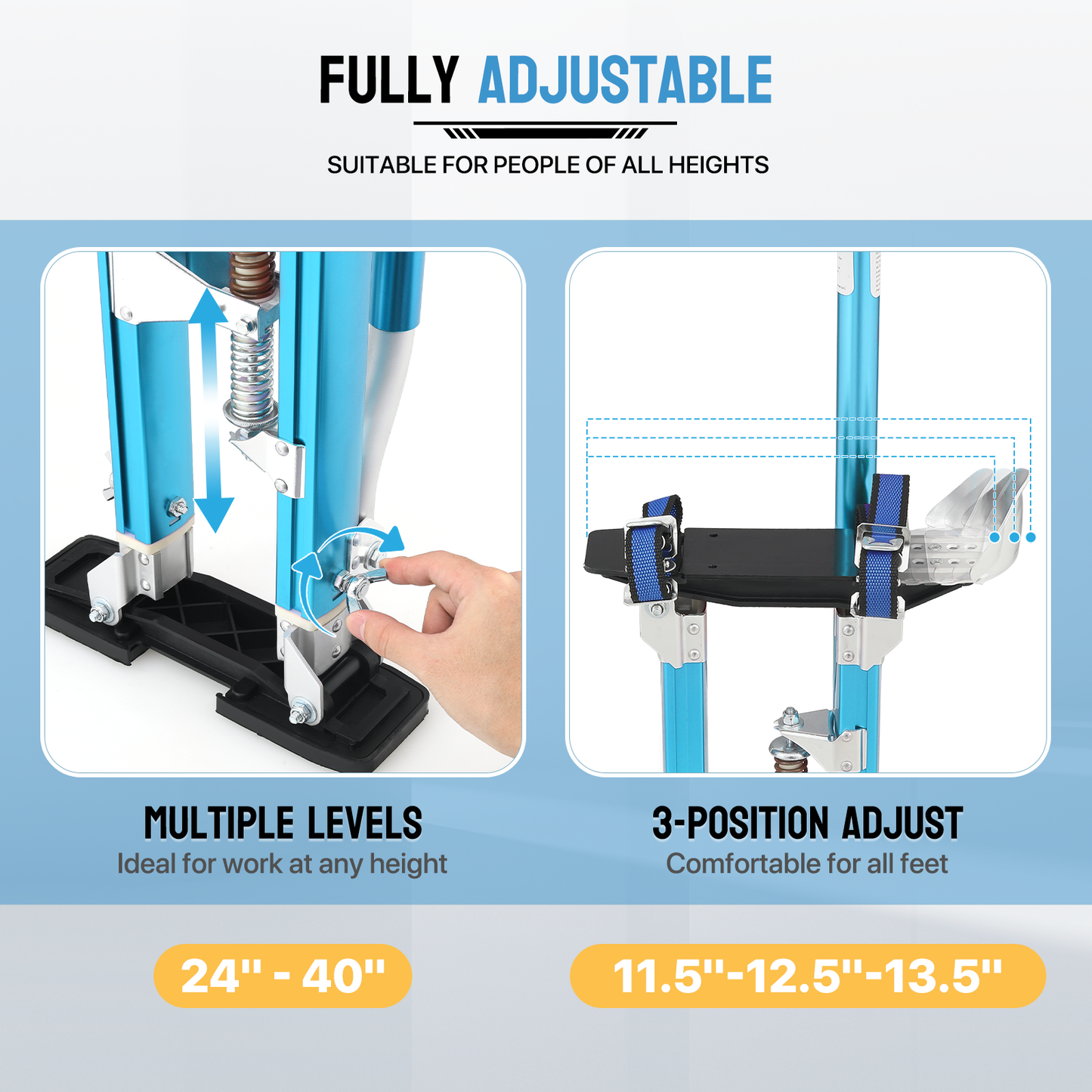 Adjustable Height Aluminium Stilts - 24"to 40" - 225 lbs Weight Capacity