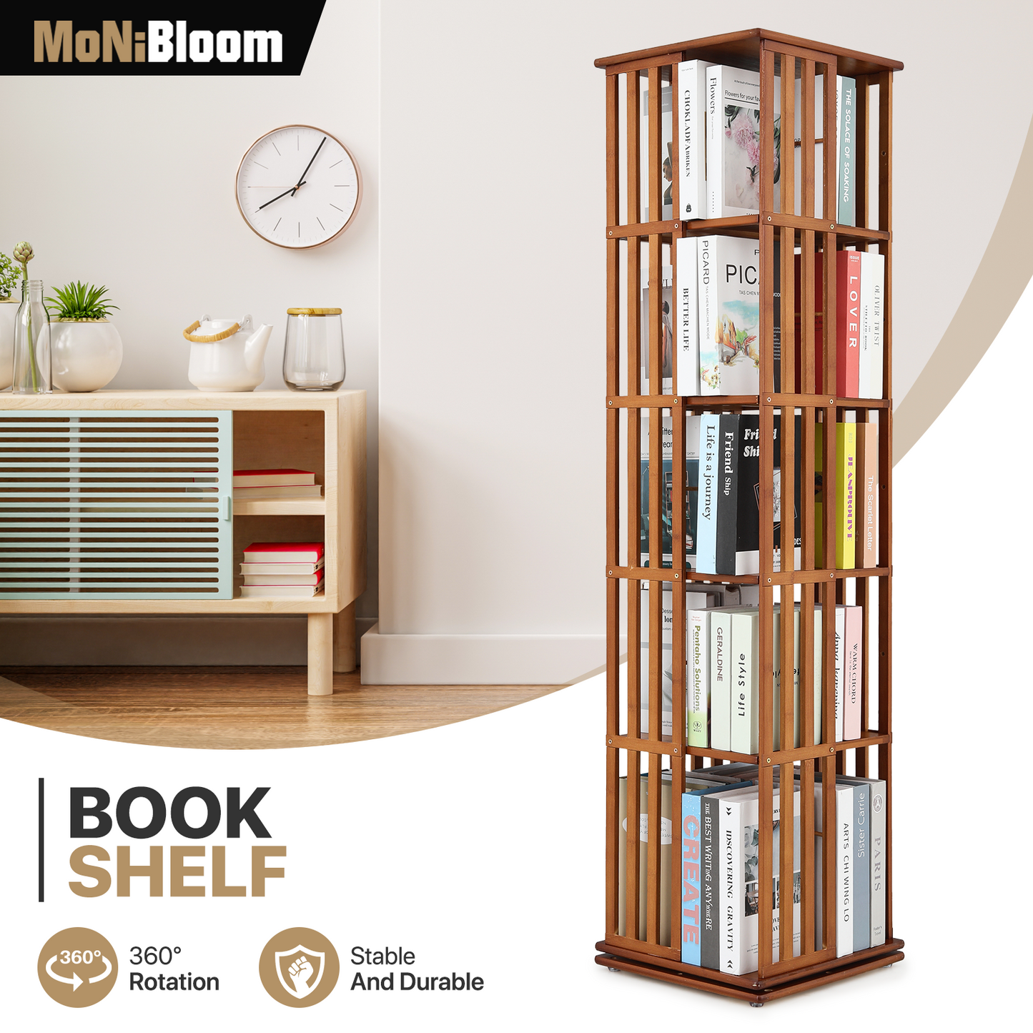 360-Degree Rotation Bookshelf - 5 Tiers - 14.5'' L 59'' H