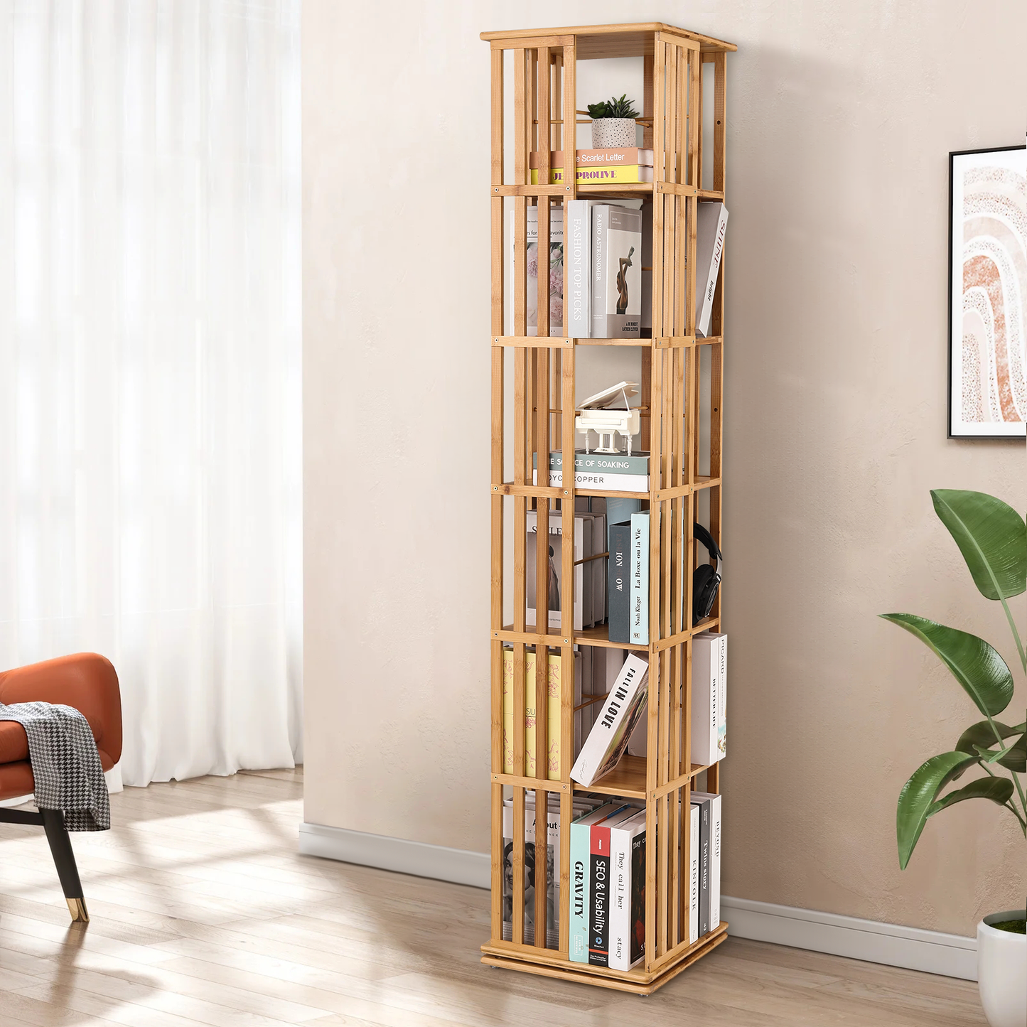 360-Degree Rotation Bookshelf - 6 Tiers - 14.5'' L 70'' H
