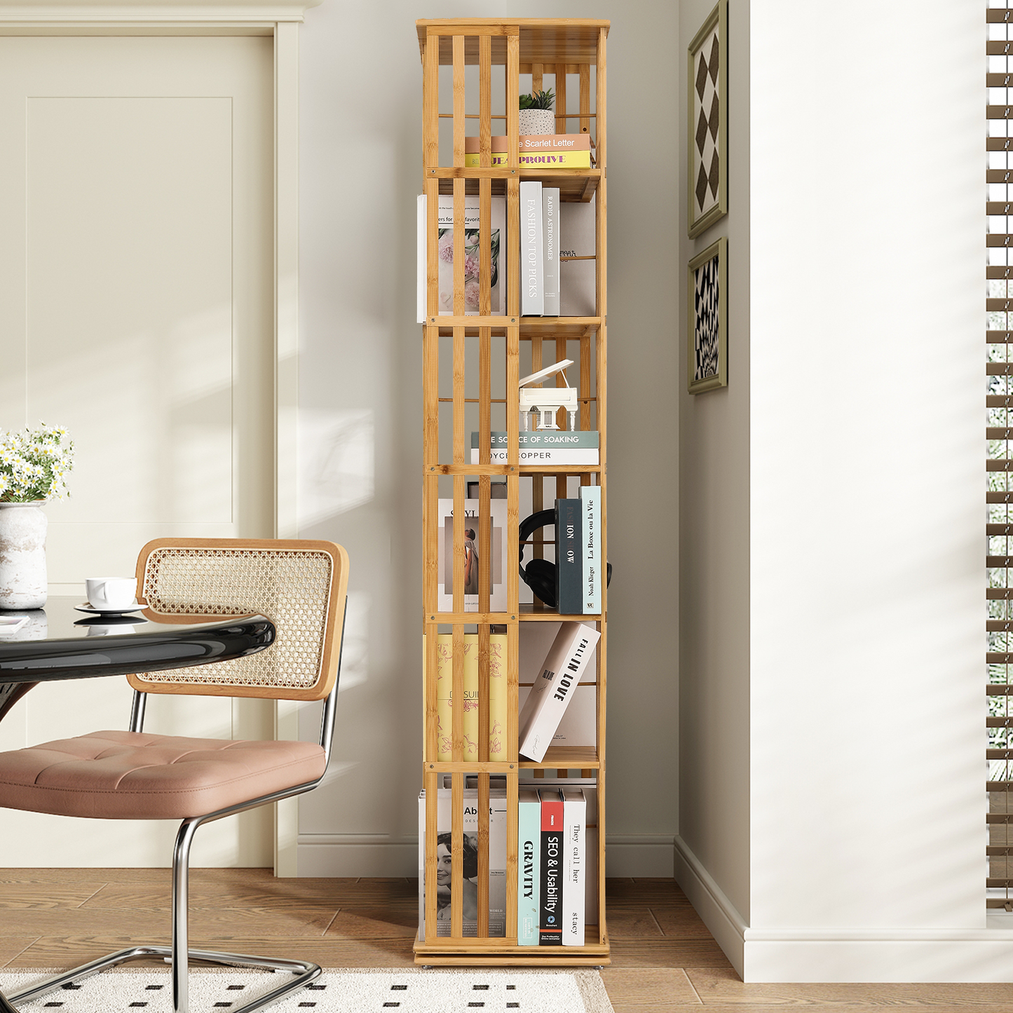 360-Degree Rotation Bookshelf - 6 Tiers - 14.5'' L 70'' H