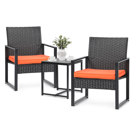 Cane Chair - PE Rattan - 2 Chair ,1 Table - Black steel frame /orange seat cushion