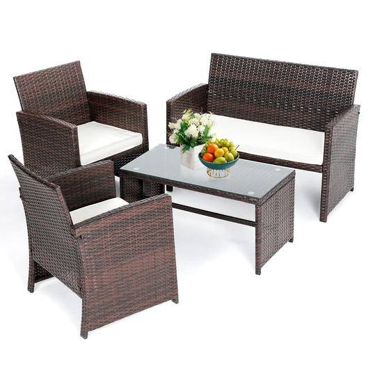 Cane Chair - PE Rattan - 3 Chair ,1 Table - Brown chair/beige seat cushion