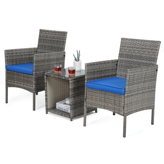 Cane Chair - PE Rattan - 2 Chair ,1 Table - Grey chair /Blue seat cushion