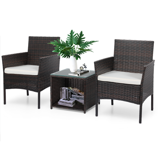 Cane Chair - PE Rattan - 2 Chair ,1 Table - Brown chair /beige seat cushion