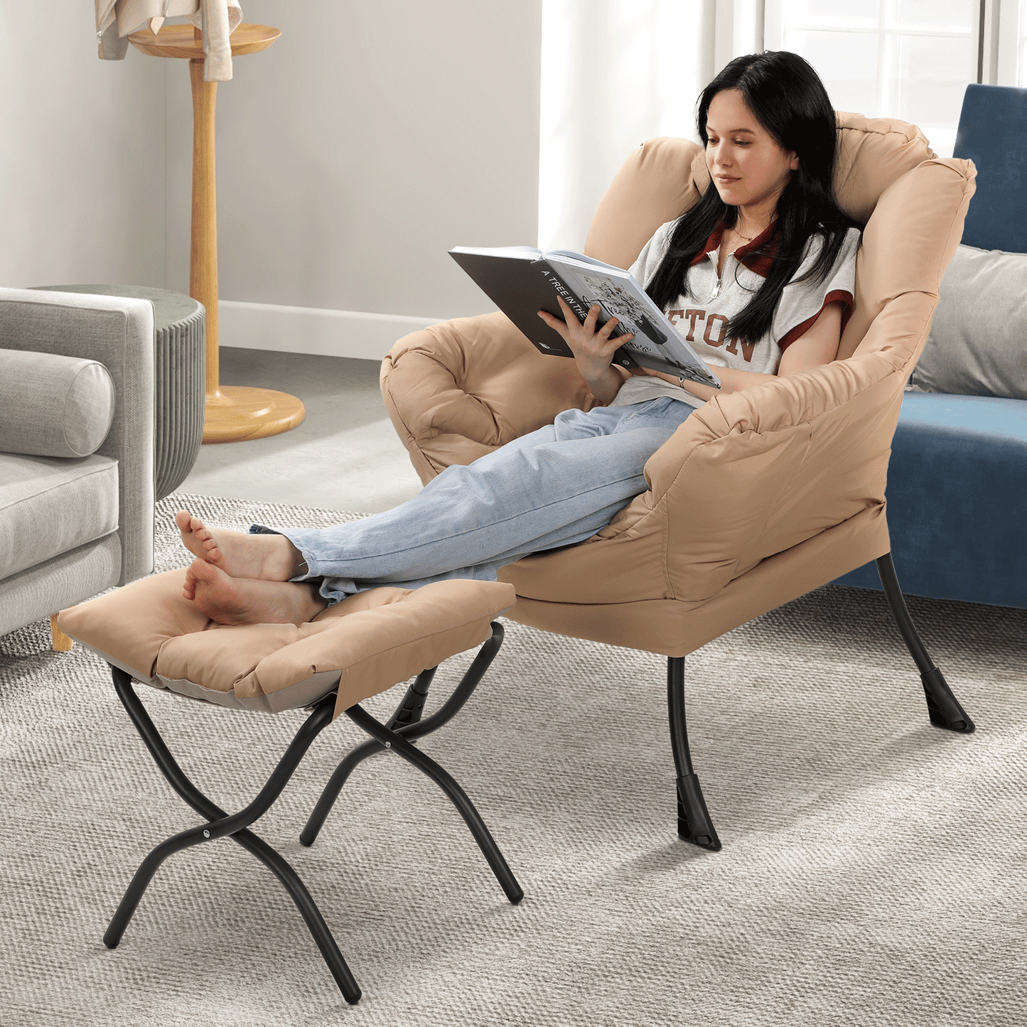 Sofa Chair w/ Foldable Ottoman - Water-resistant Cotton