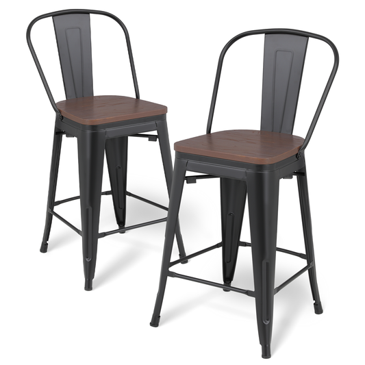 2 Pieces Bar Chairs - Metal Frame w/Wooden Seat - 24.5'' Seat to Floor