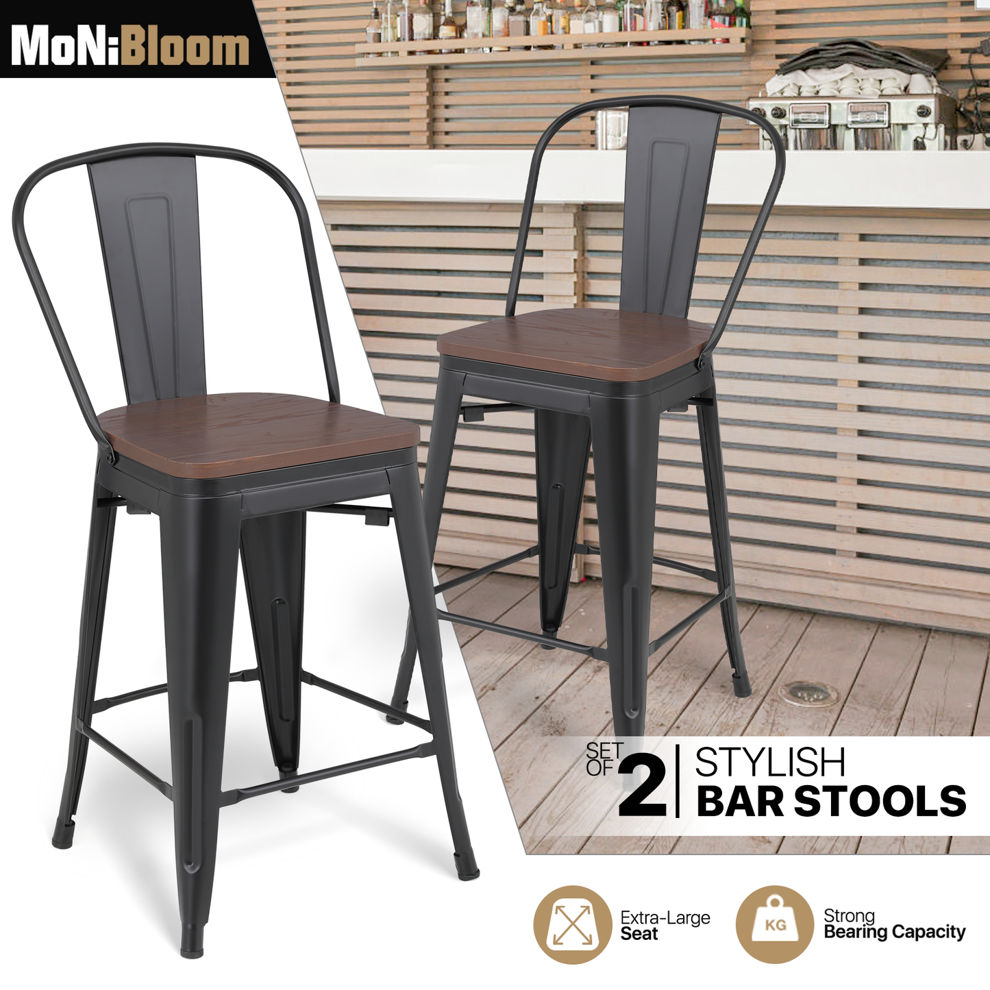 2 Pieces Bar Chairs - Metal Frame w/Wooden Seat - 24.5'' Seat to Floor