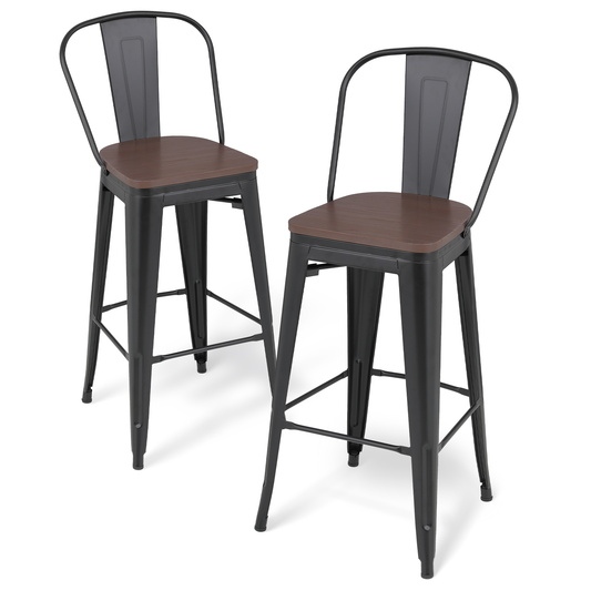 2 Pieces Bar Chairs - Metal Frame w/Wooden Seat - 30.5'' Seat to Floor