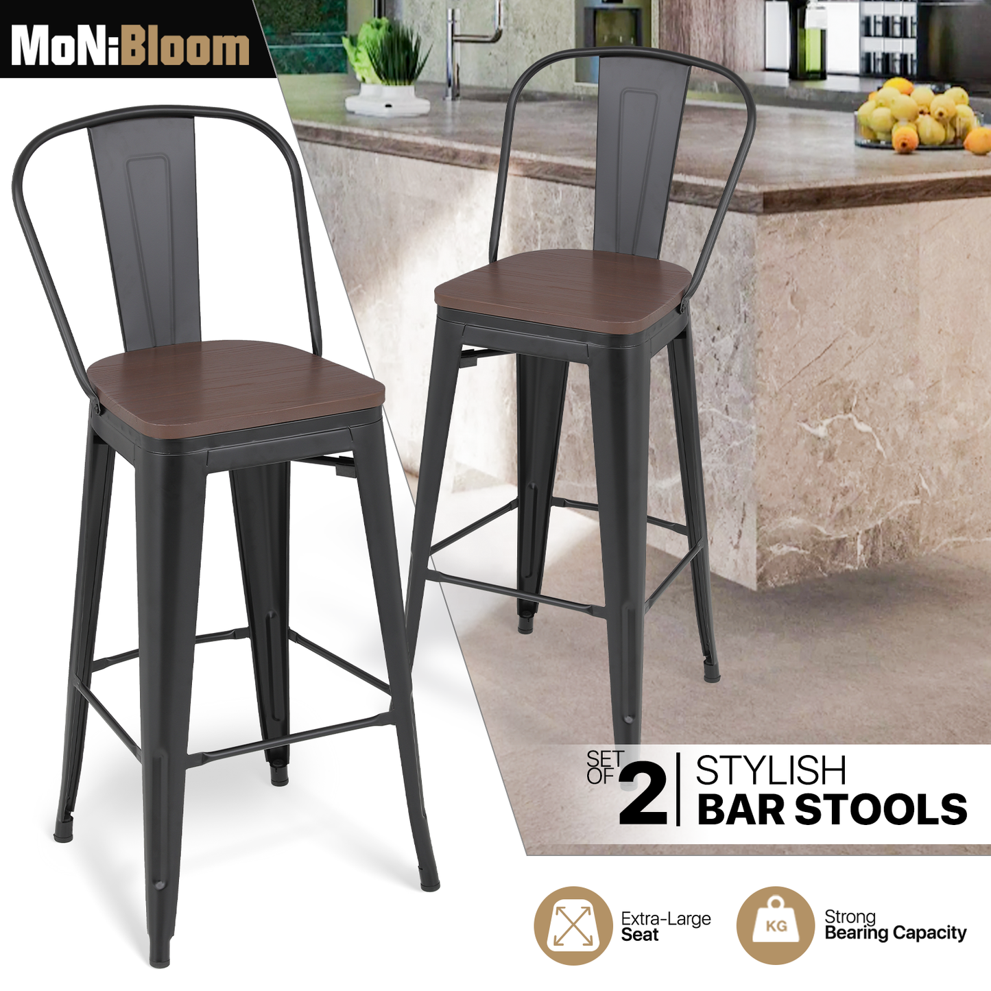 2 Pieces Bar Chairs - Metal Frame w/Wooden Seat - 30.5'' Seat to Floor