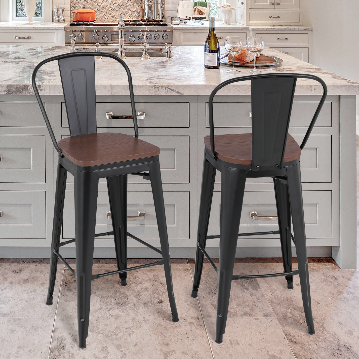 2 Pieces Bar Chairs - Metal Frame w/Wooden Seat - 30.5'' Seat to Floor