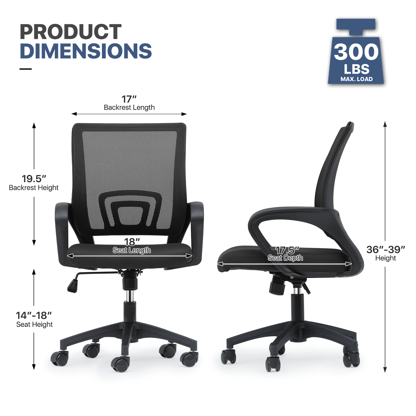 Adjustable Height Office Chair - 18" Seat Wide - Mesh Back