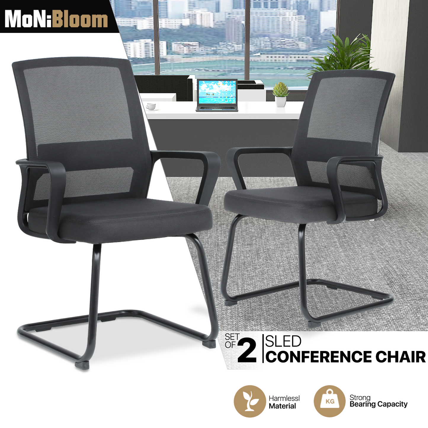 2 Pieces Mesh Reception Chair - Metal Frame - Black