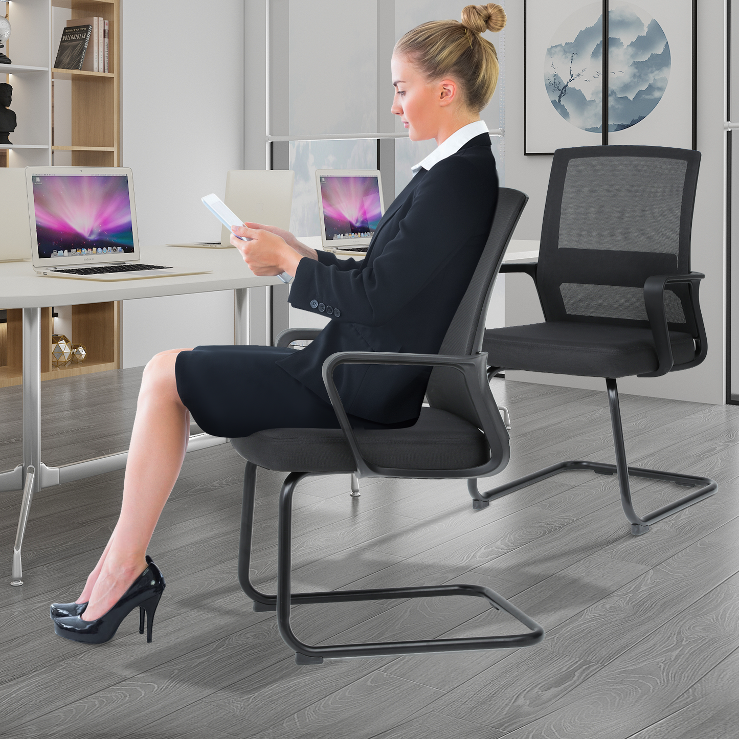 2 Pieces Mesh Reception Chair - Metal Frame - Black