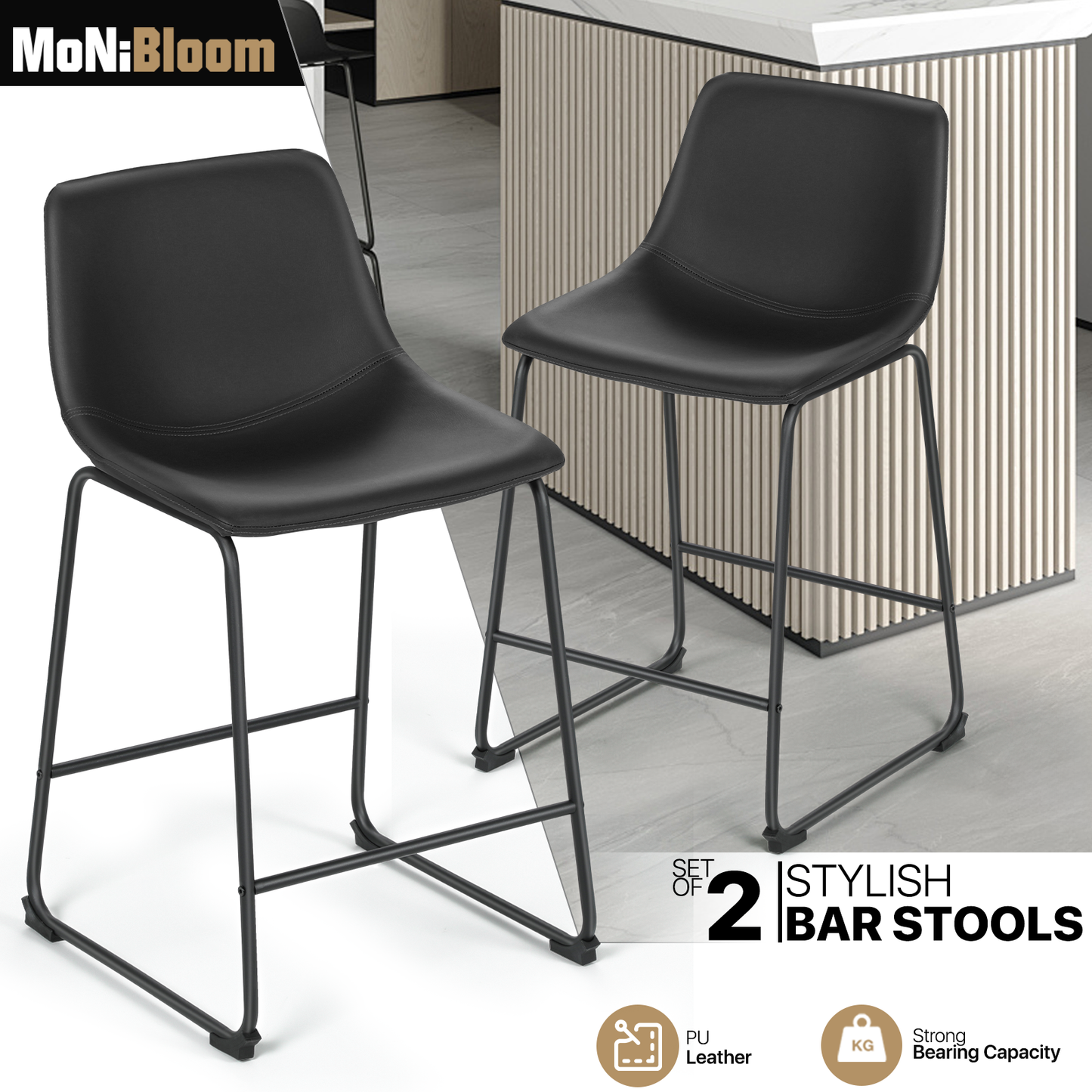 2 Pieces Bar Chairs - PU Bucket Seat - 23'' Seat to Floor