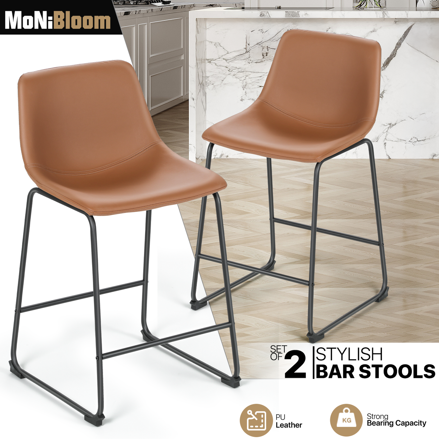 2 Pieces Bar Chairs - PU Bucket Seat - 23'' Seat to Floor