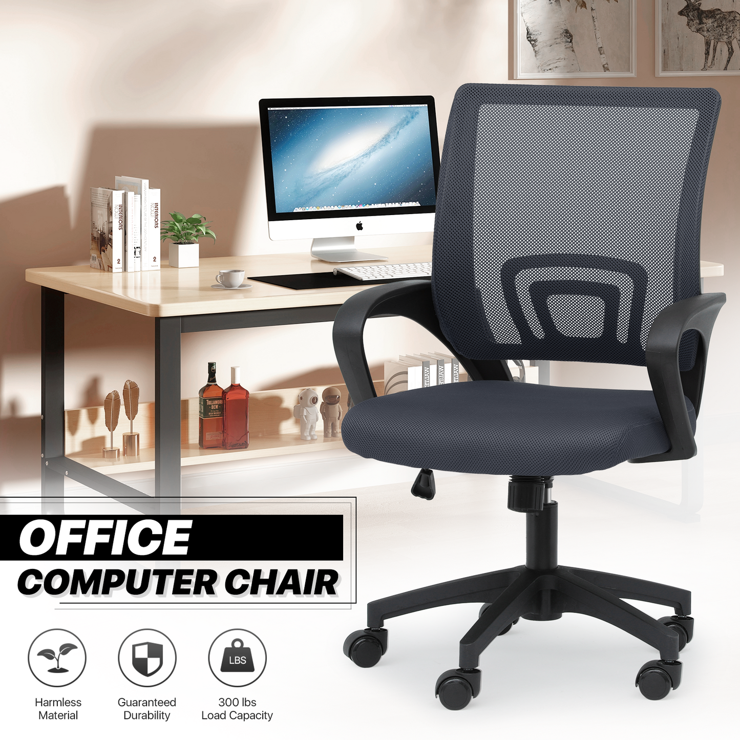 Adjustable Height Office Chair - 18" Seat Wide - Mesh Back