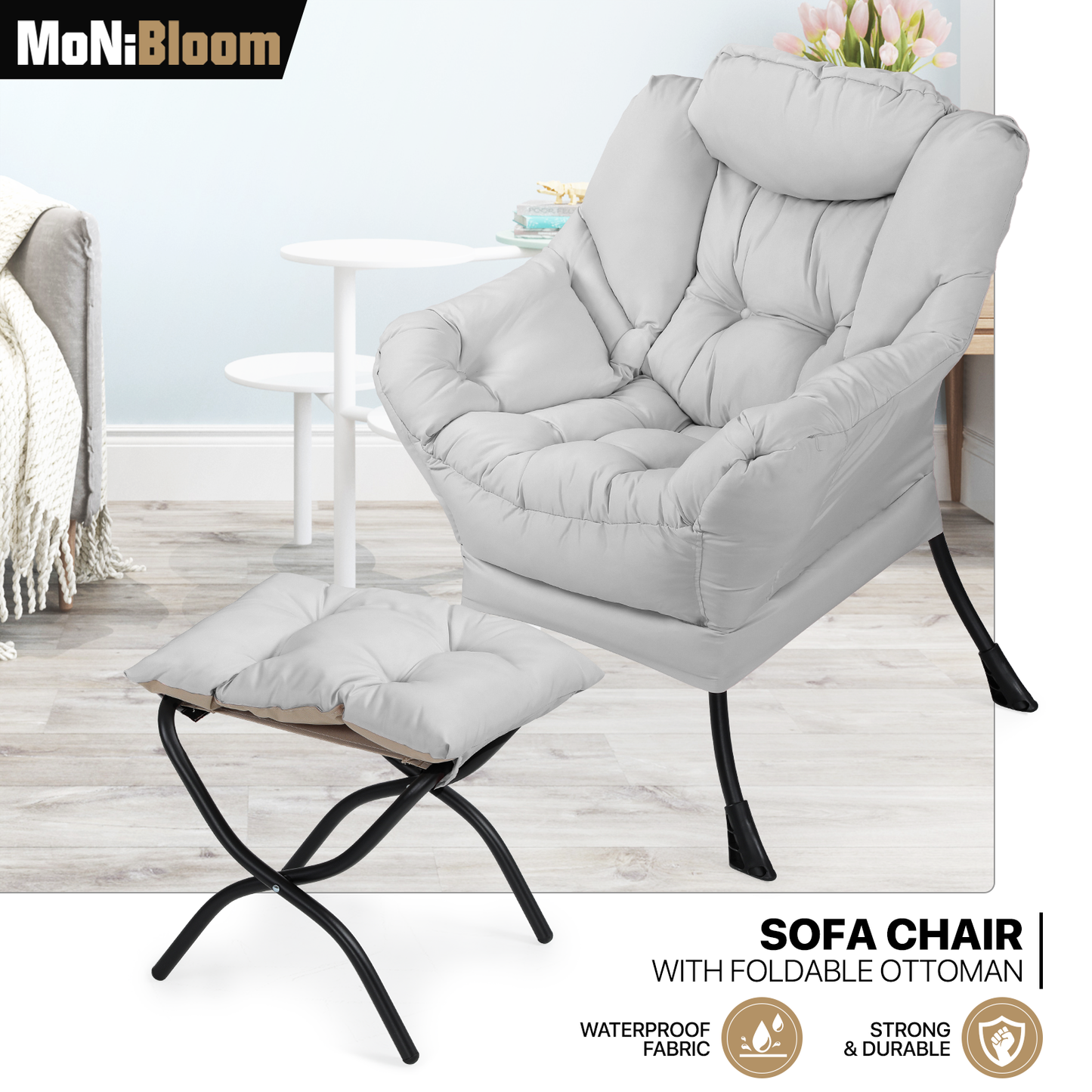 Sofa Chair w/ Foldable Ottoman - Water-resistant Cotton