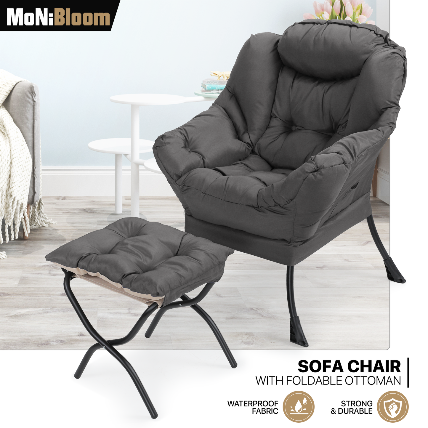 Sofa Chair w/ Foldable Ottoman - Water-resistant Cotton