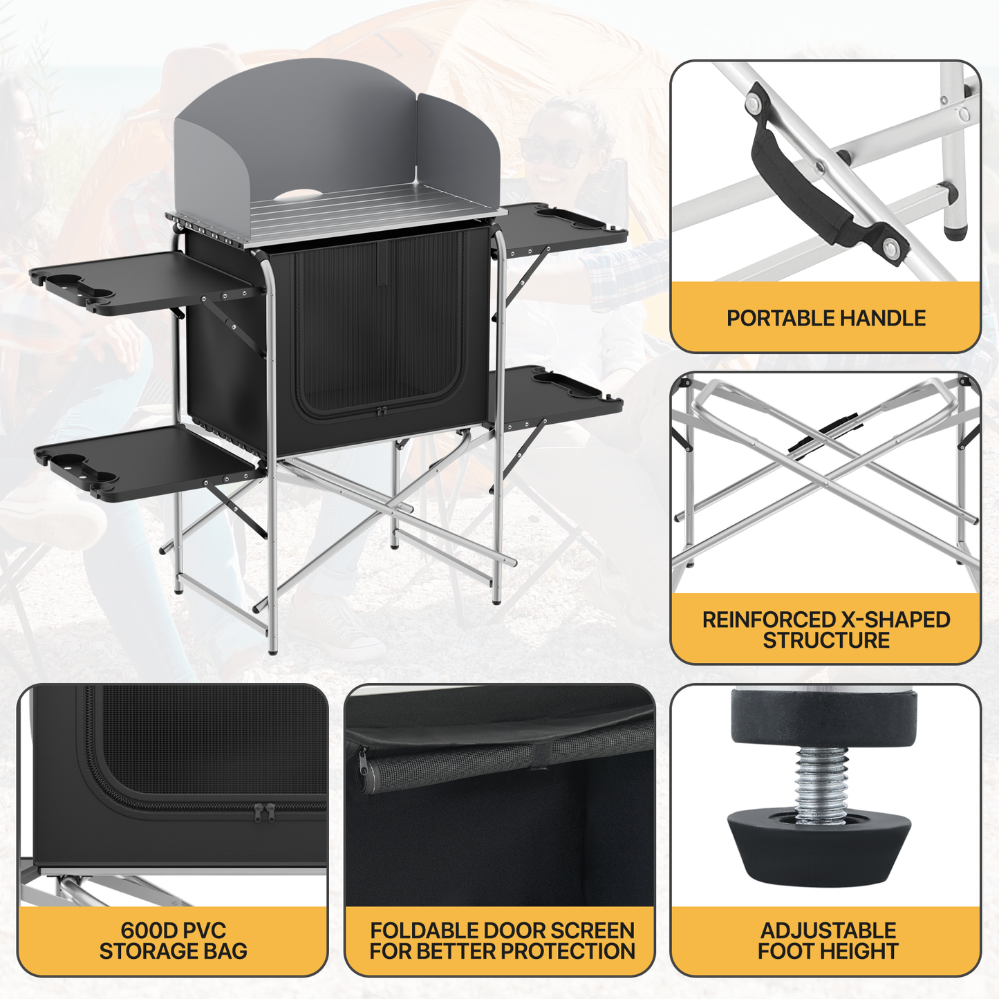 Camping Kitchen Table 66 lbs Capacity -52in.L*19in.W*47in.H-With 4 plastic trays - Silver