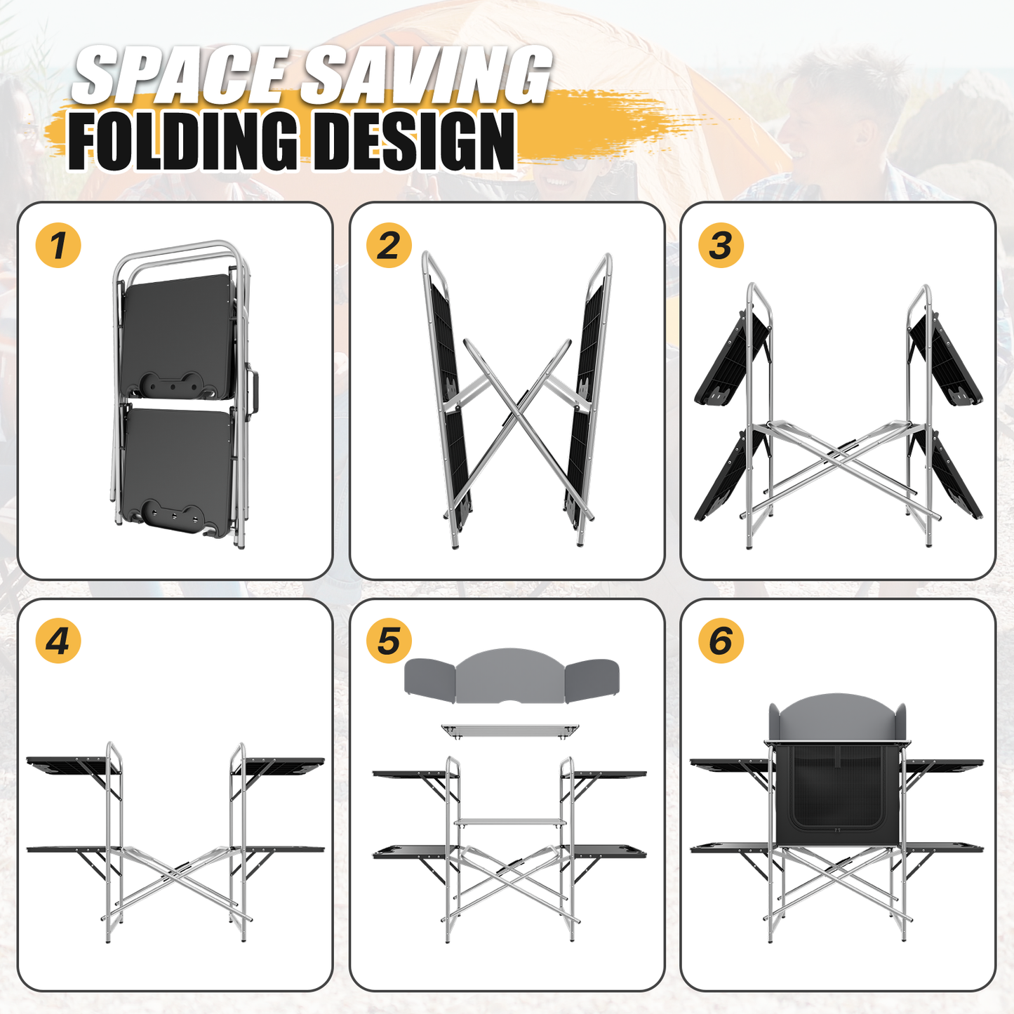 Camping Kitchen Table 66 lbs Capacity -52in.L*19in.W*47in.H-With 4 plastic trays - Silver