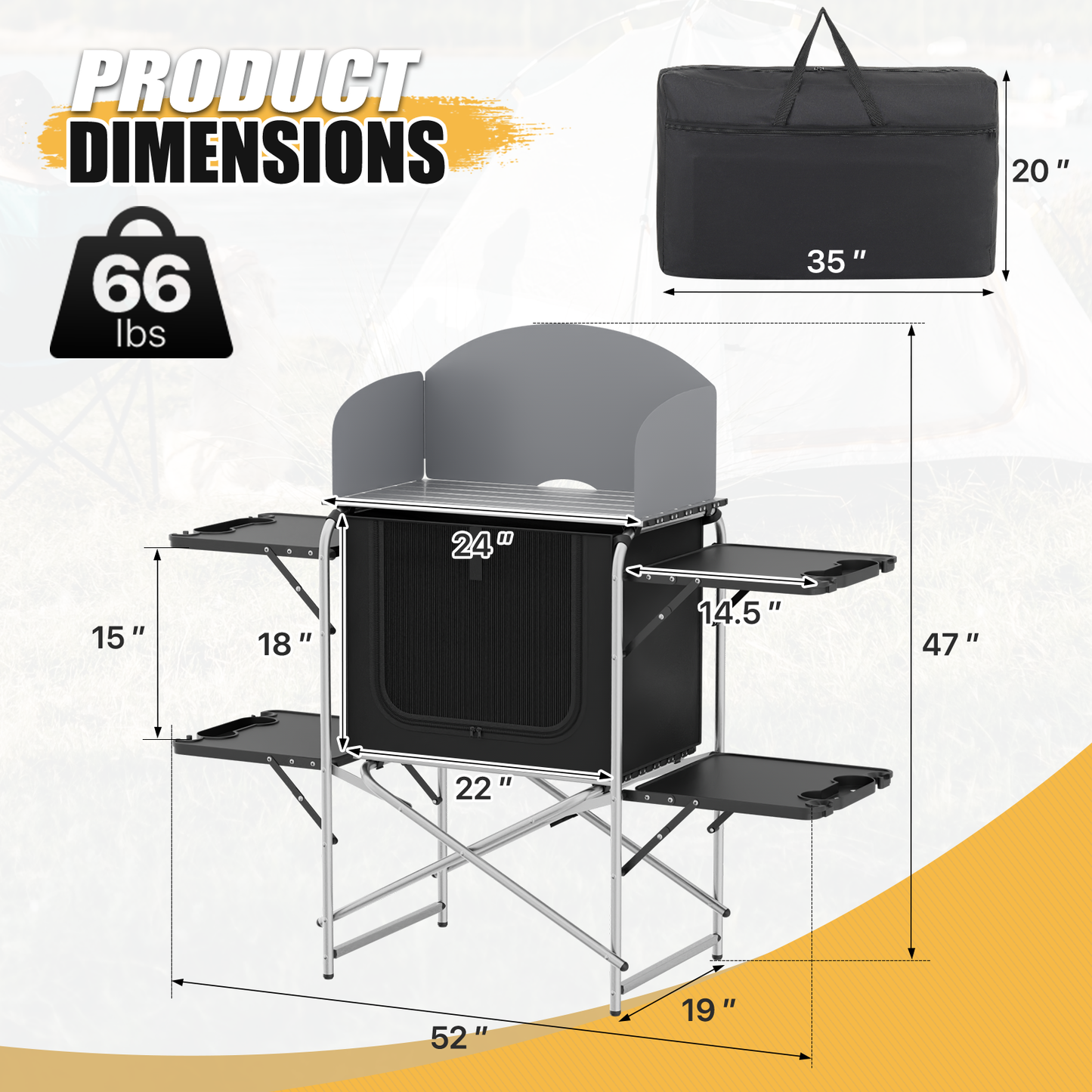 Camping Kitchen Table 66 lbs Capacity -52in.L*19in.W*47in.H-With 4 plastic trays - Silver