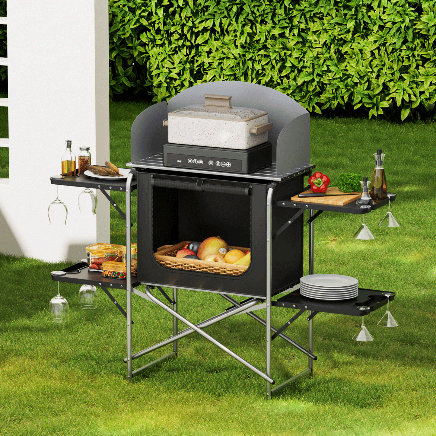 Camping Kitchen Table 66 lbs Capacity -52in.L*19in.W*47in.H-With 4 plastic trays - Silver