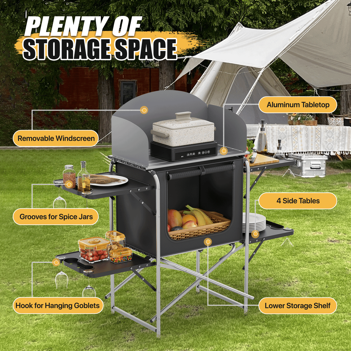 Camping Kitchen Table 66 lbs Capacity -52in.L*19in.W*47in.H-With 4 plastic trays - Silver