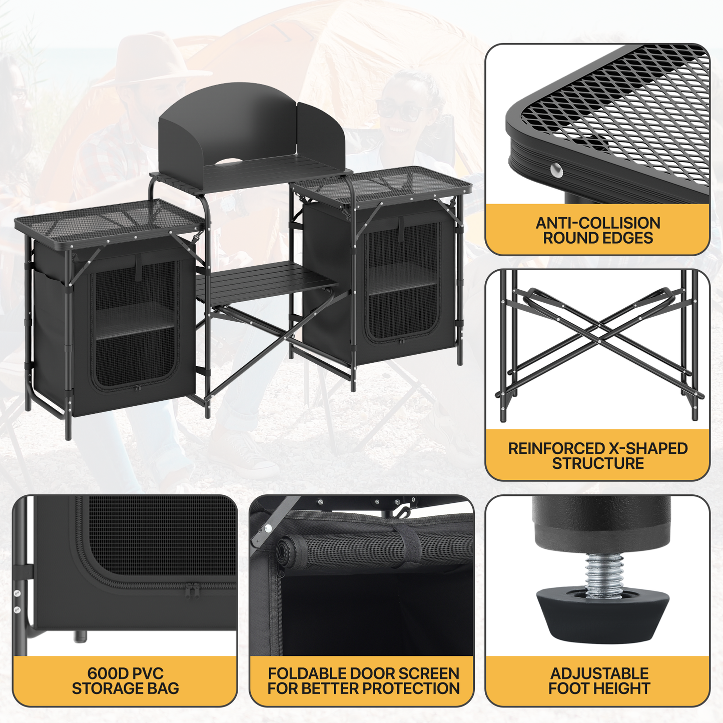 Camping Kitchen Table 66 lbs Capacity -66in.L*14in.W*45in.H-With 2 cupboards - Black