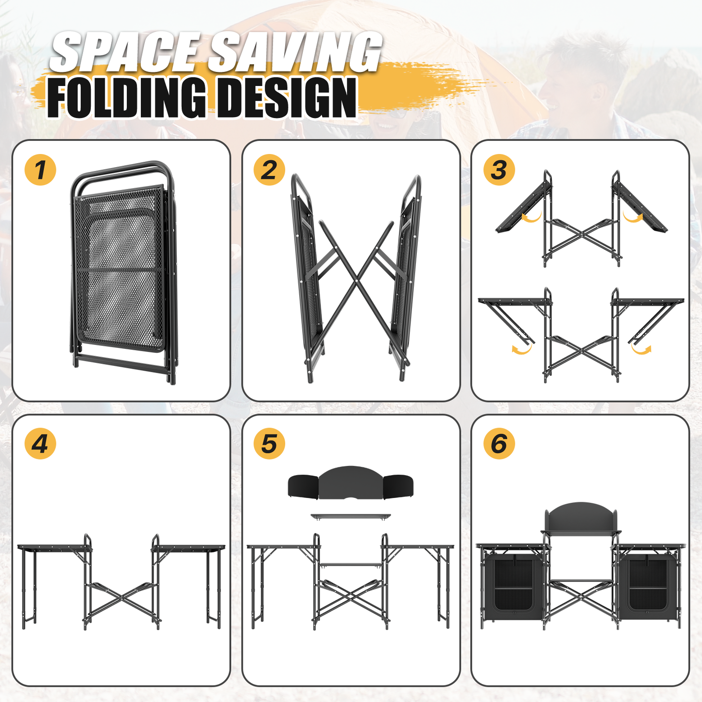 Camping Kitchen Table 66 lbs Capacity -66in.L*14in.W*45in.H-With 2 cupboards - Black