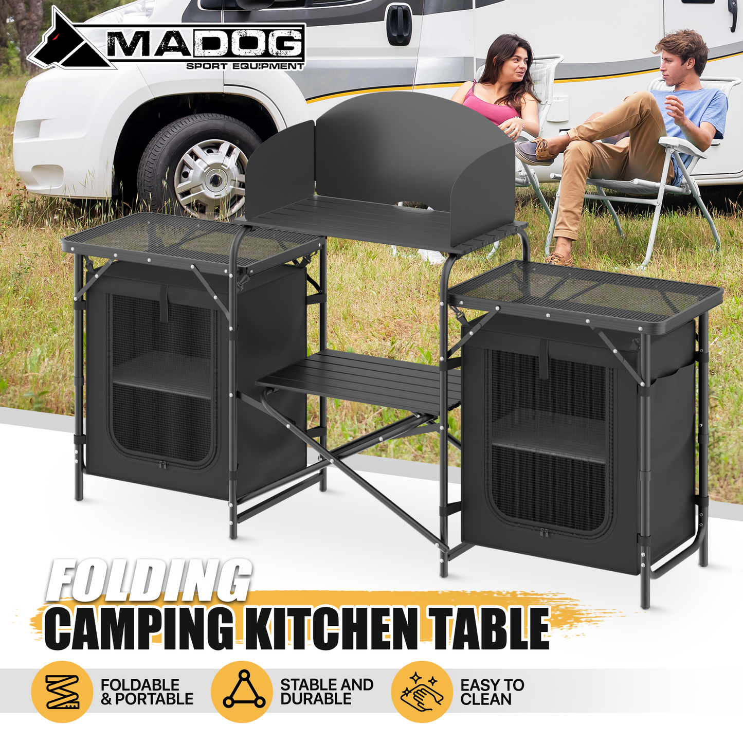 Camping Kitchen Table 66 lbs Capacity -66in.L*14in.W*45in.H-With 2 cupboards - Black