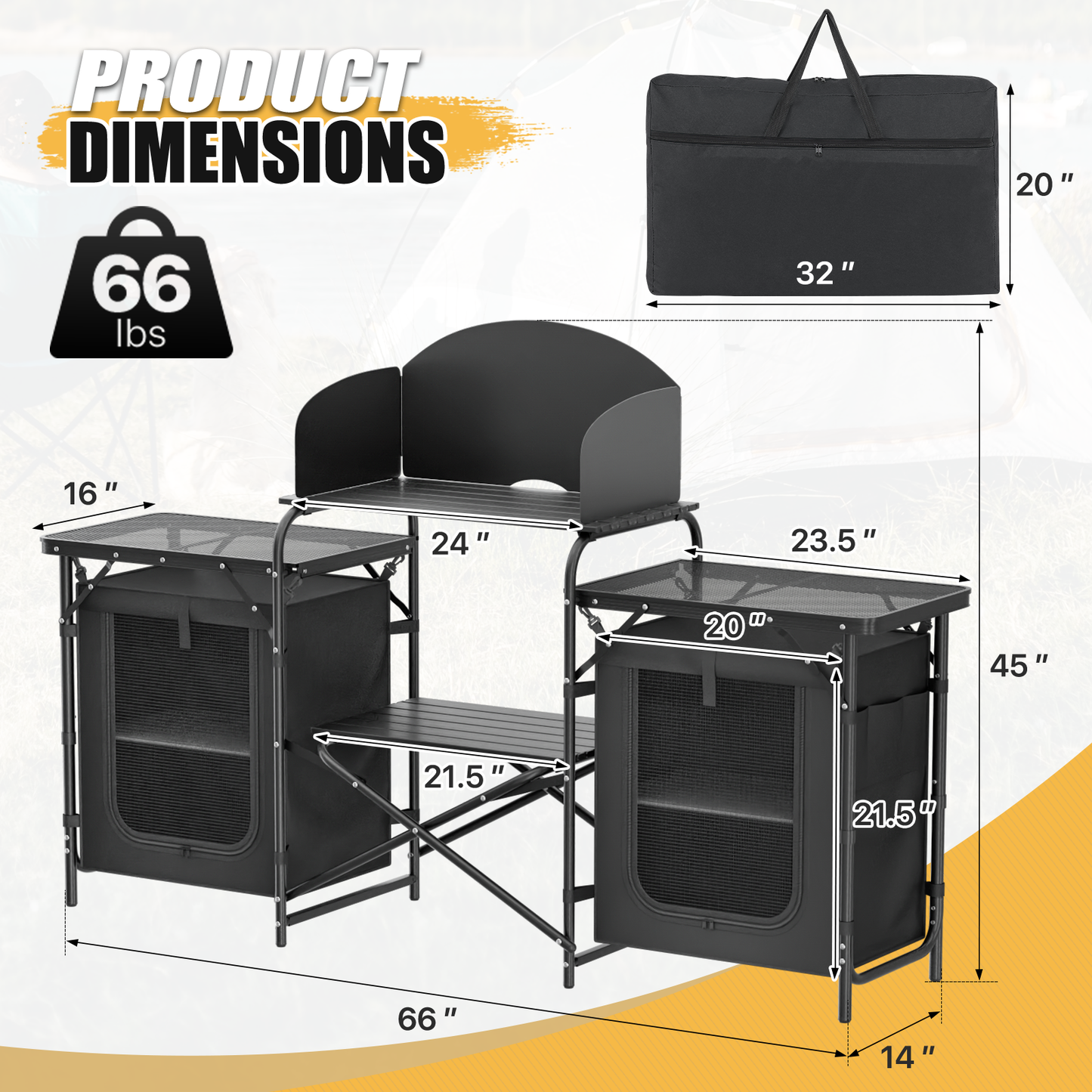 Camping Kitchen Table 66 lbs Capacity -66in.L*14in.W*45in.H-With 2 cupboards - Black