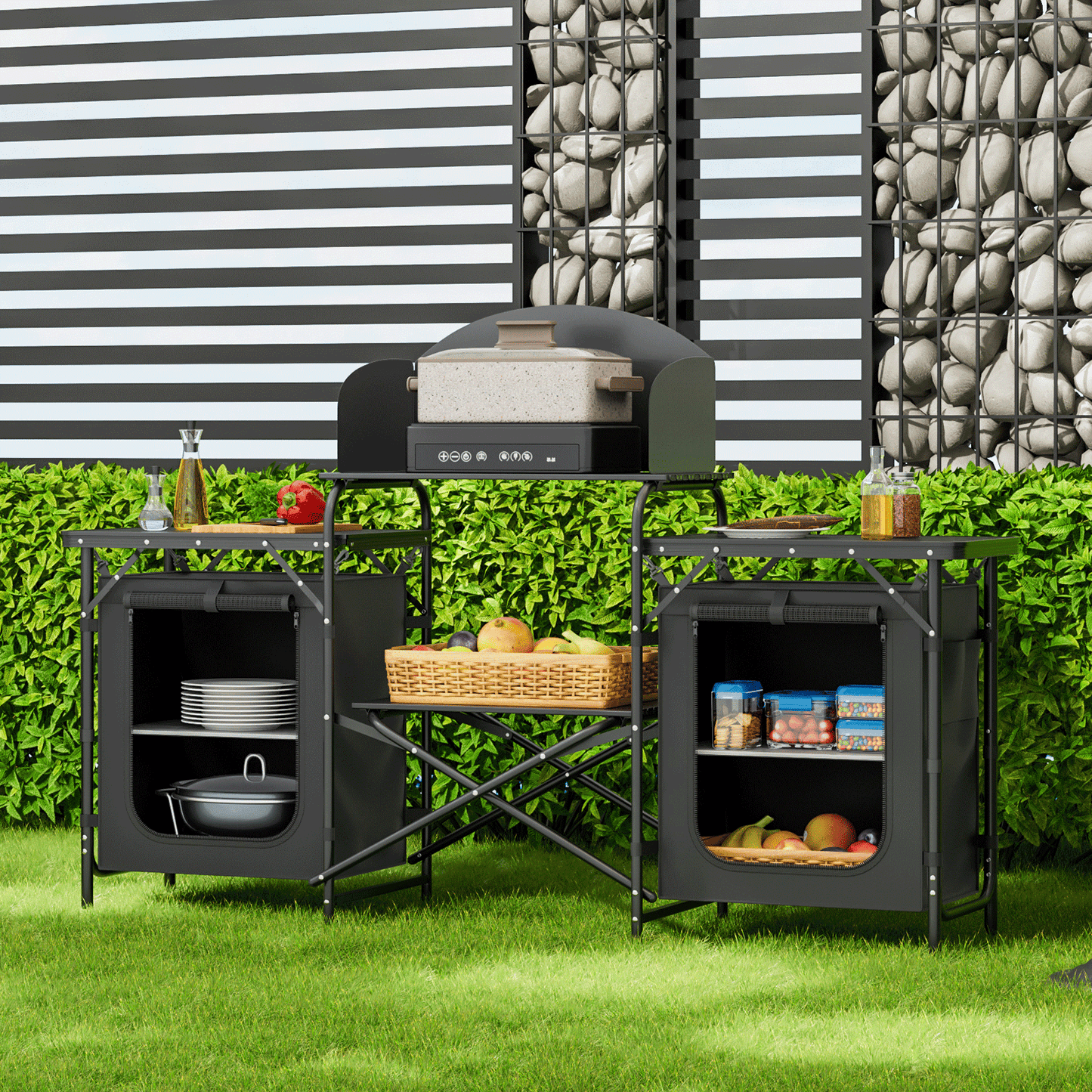 Camping Kitchen Table 66 lbs Capacity -66in.L*14in.W*45in.H-With 2 cupboards - Black