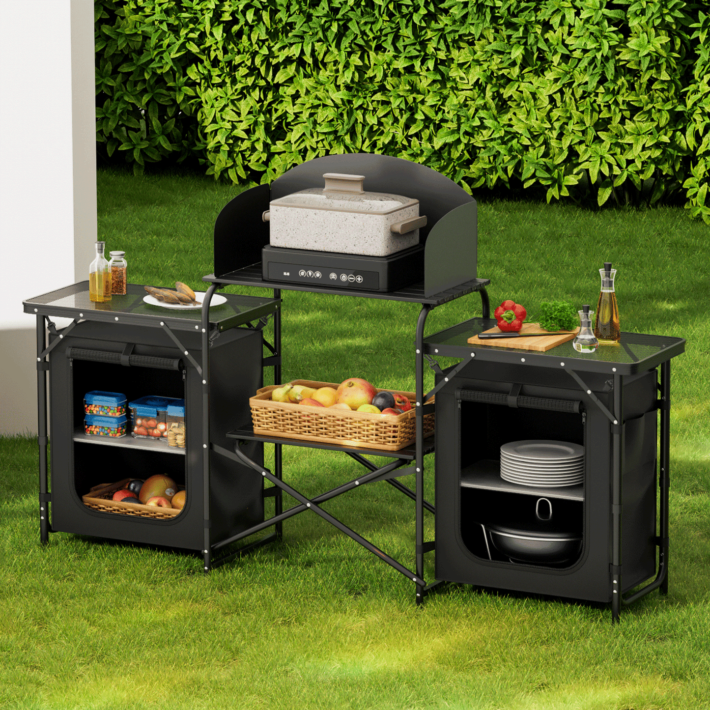 Camping Kitchen Table 66 lbs Capacity -66in.L*14in.W*45in.H-With 2 cupboards - Black