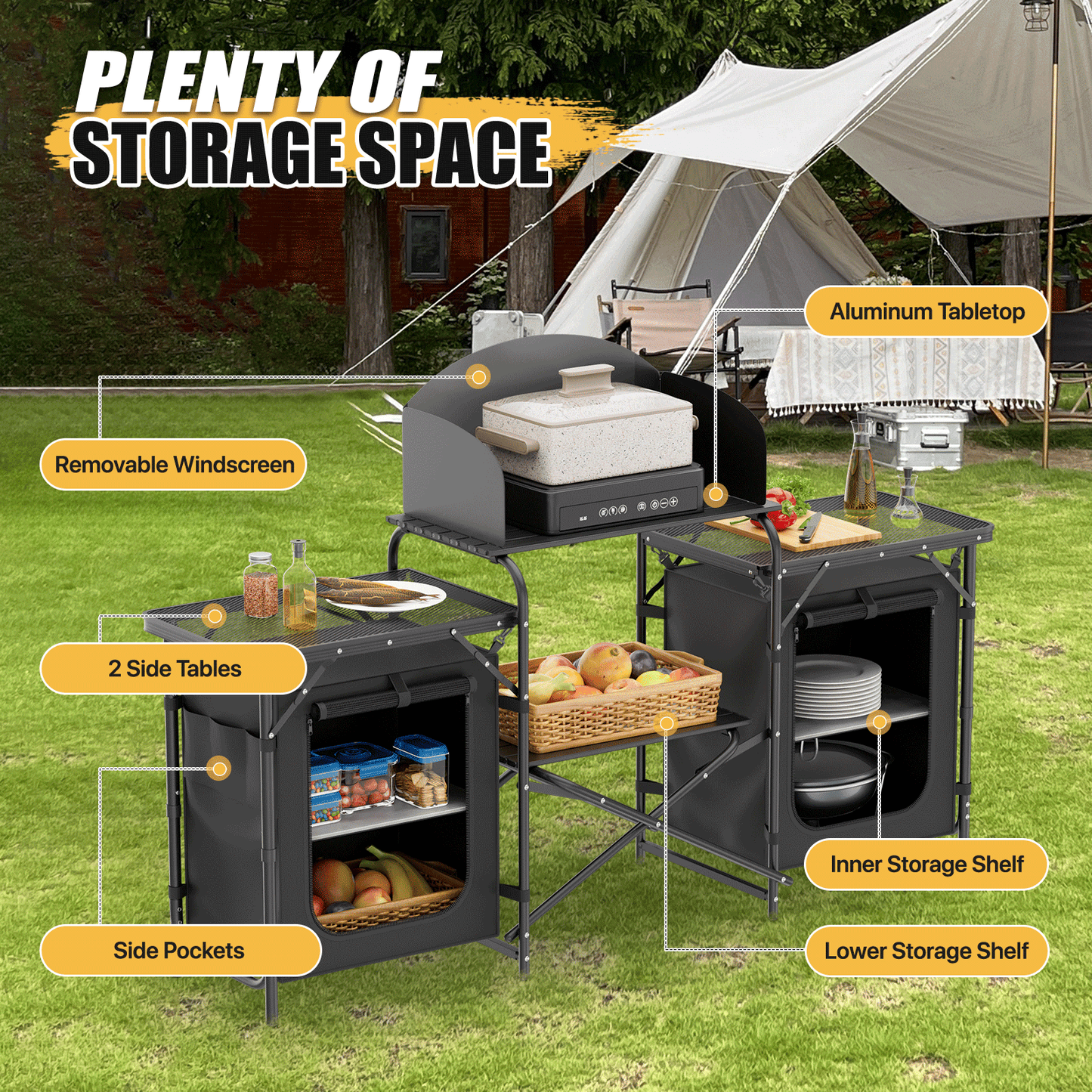 Camping Kitchen Table 66 lbs Capacity -66in.L*14in.W*45in.H-With 2 cupboards - Black