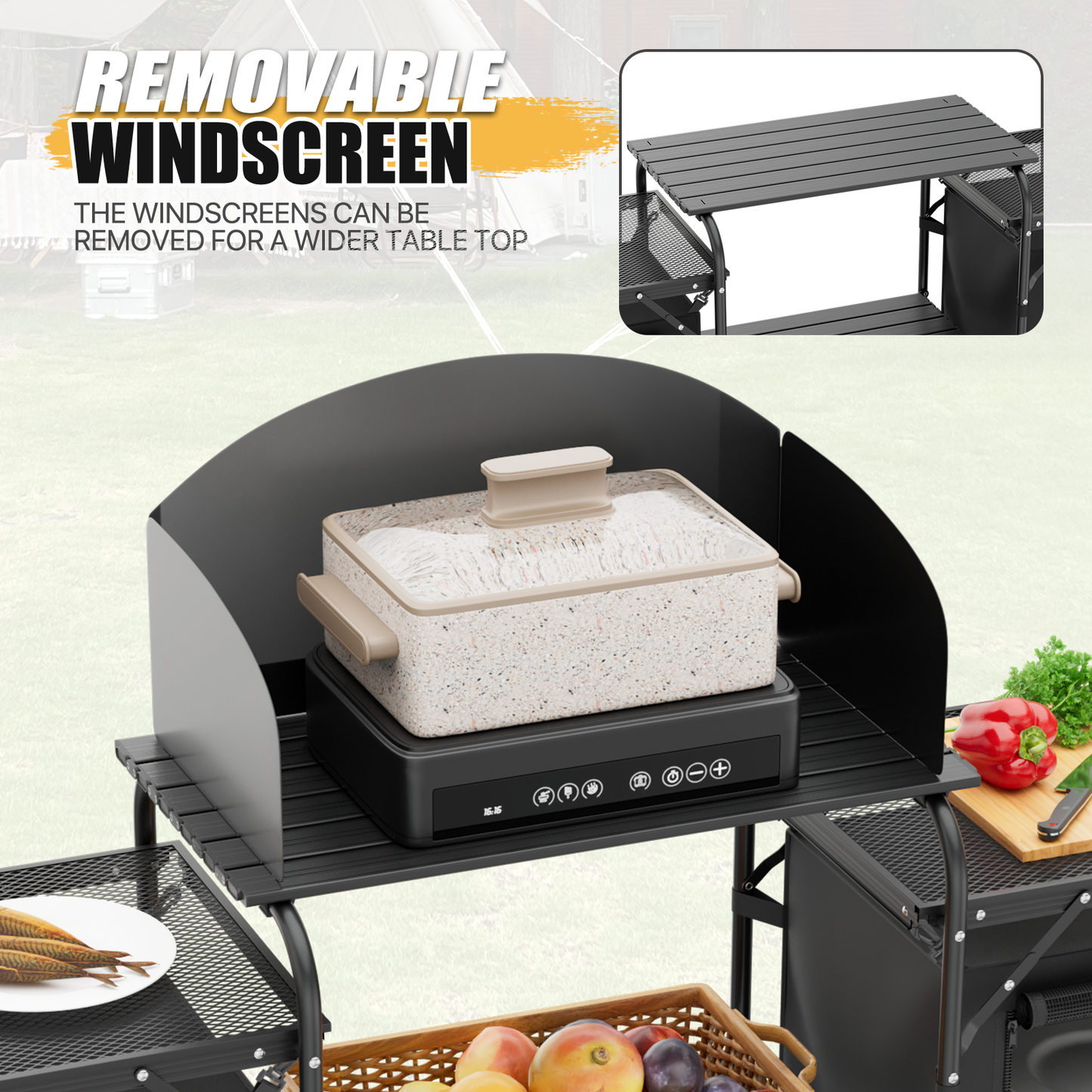 Camping Kitchen Table 66 lbs Capacity -66in.L*14in.W*45in.H-With 2 cupboards - Black