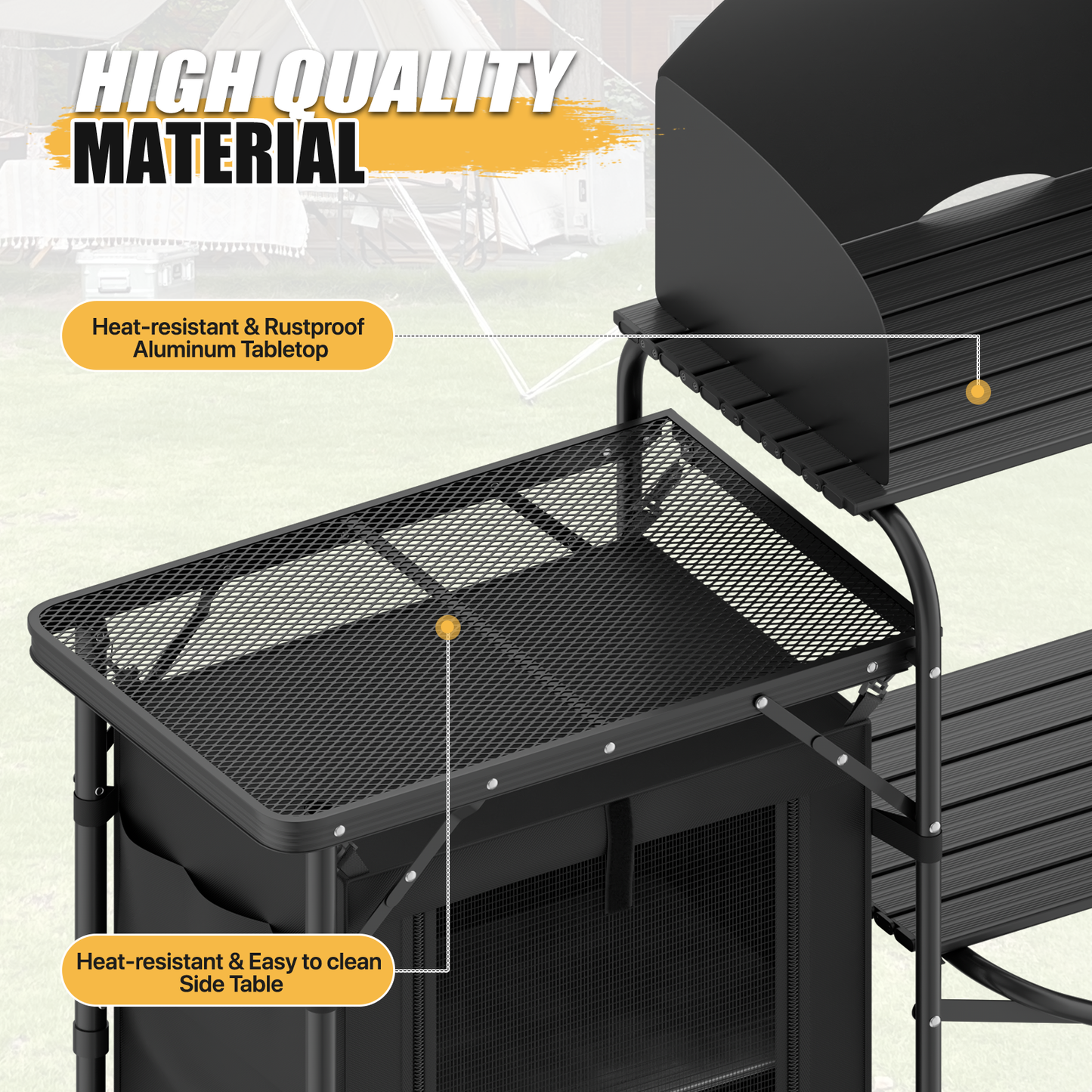 Camping Kitchen Table 66 lbs Capacity -66in.L*14in.W*45in.H-With 2 cupboards - Black