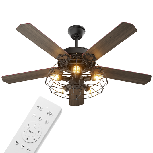 52" Reversible Ceiling Light Fan - Plywood Leaf Blade - Remote Control & Timer