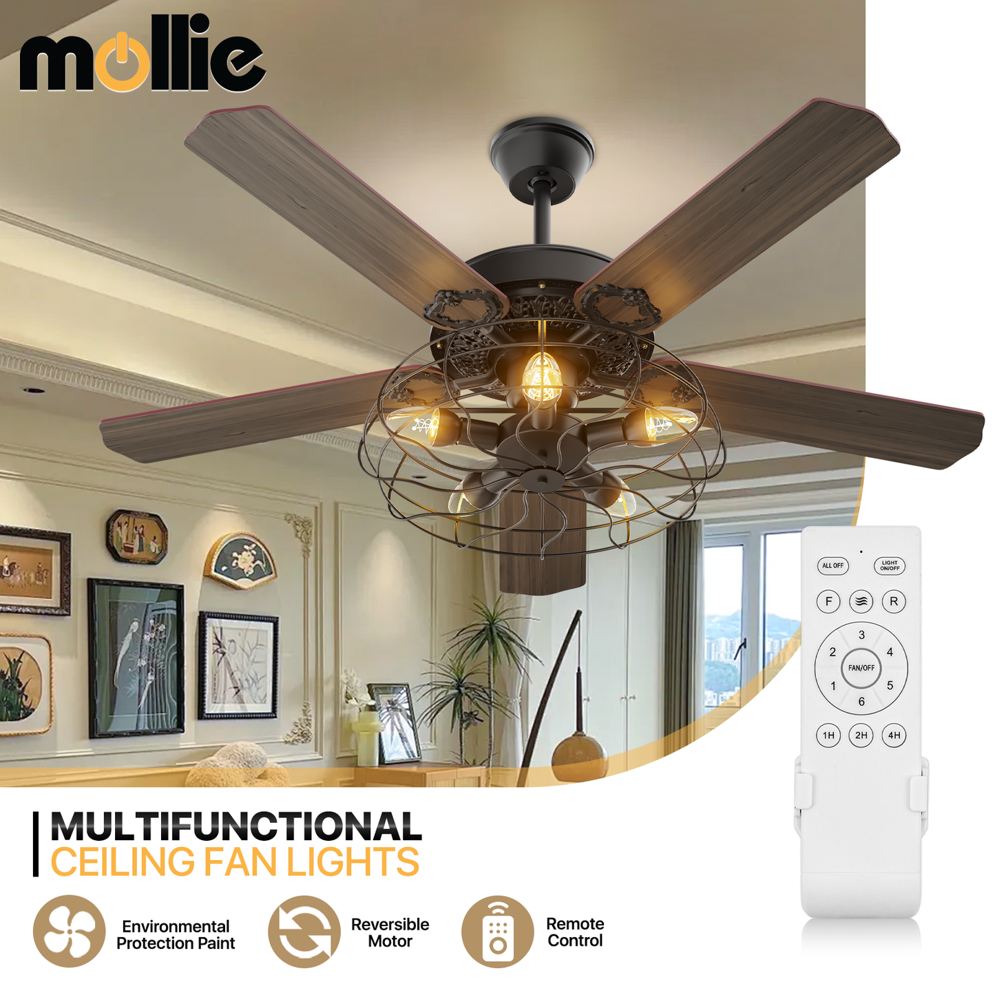 52" Reversible Ceiling Light Fan - Plywood Leaf Blade - Remote Control & Timer