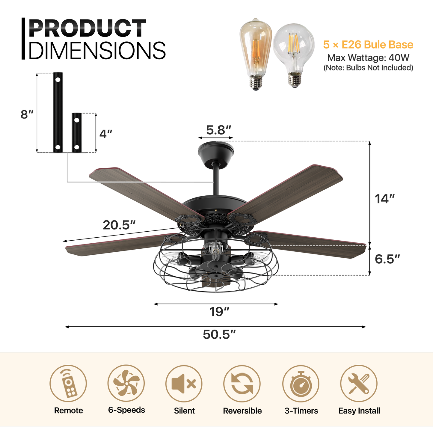 52" Reversible Ceiling Light Fan - Plywood Leaf Blade - Remote Control & Timer