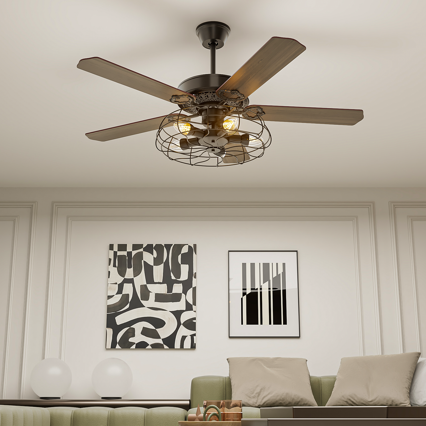 52" Reversible Ceiling Light Fan - Plywood Leaf Blade - Remote Control & Timer