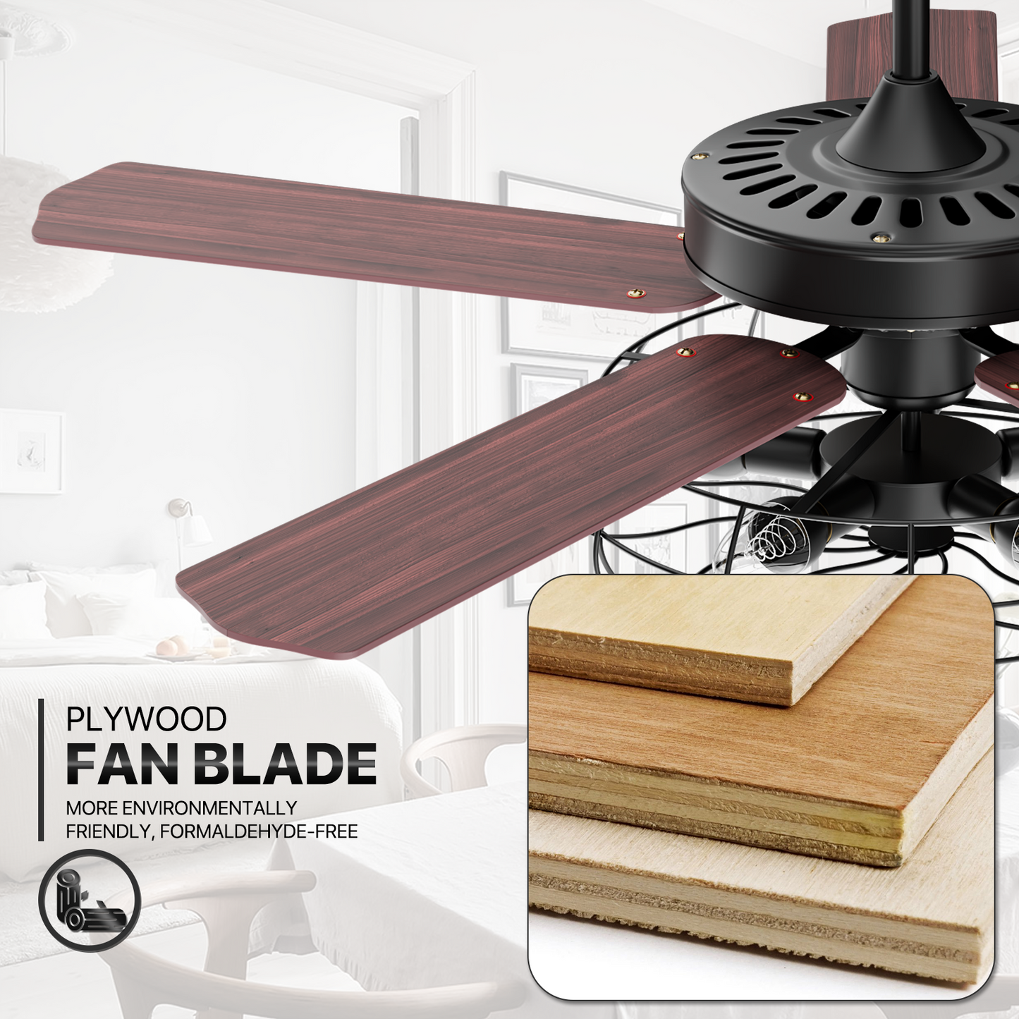 52" Reversible Ceiling Light Fan - Plywood Leaf Blade - Remote Control & Timer