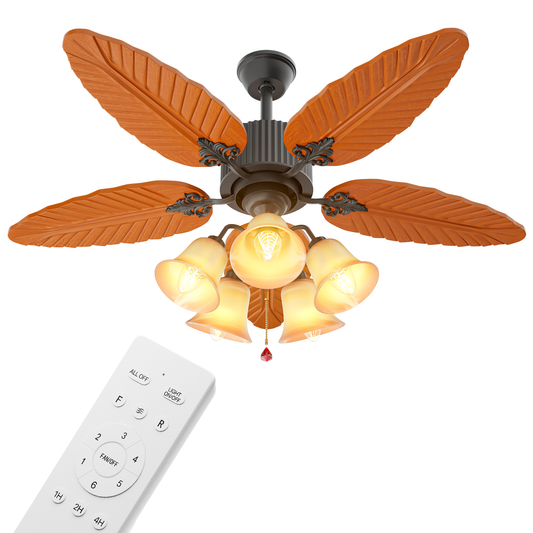 52" Reversible Ceiling Light Fan - Solid Wood Leaf Blade - Remote Control & Timer