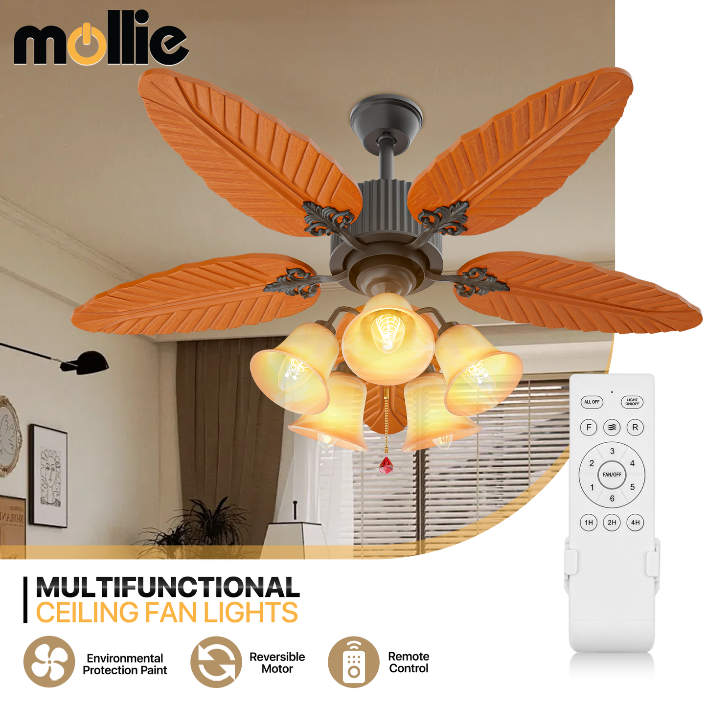 52" Reversible Ceiling Light Fan - Solid Wood Leaf Blade - Remote Control & Timer