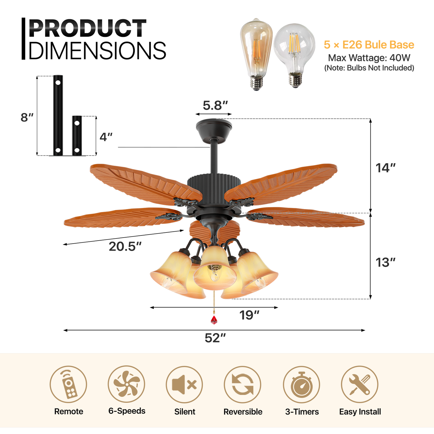 52" Reversible Ceiling Light Fan - Solid Wood Leaf Blade - Remote Control & Timer