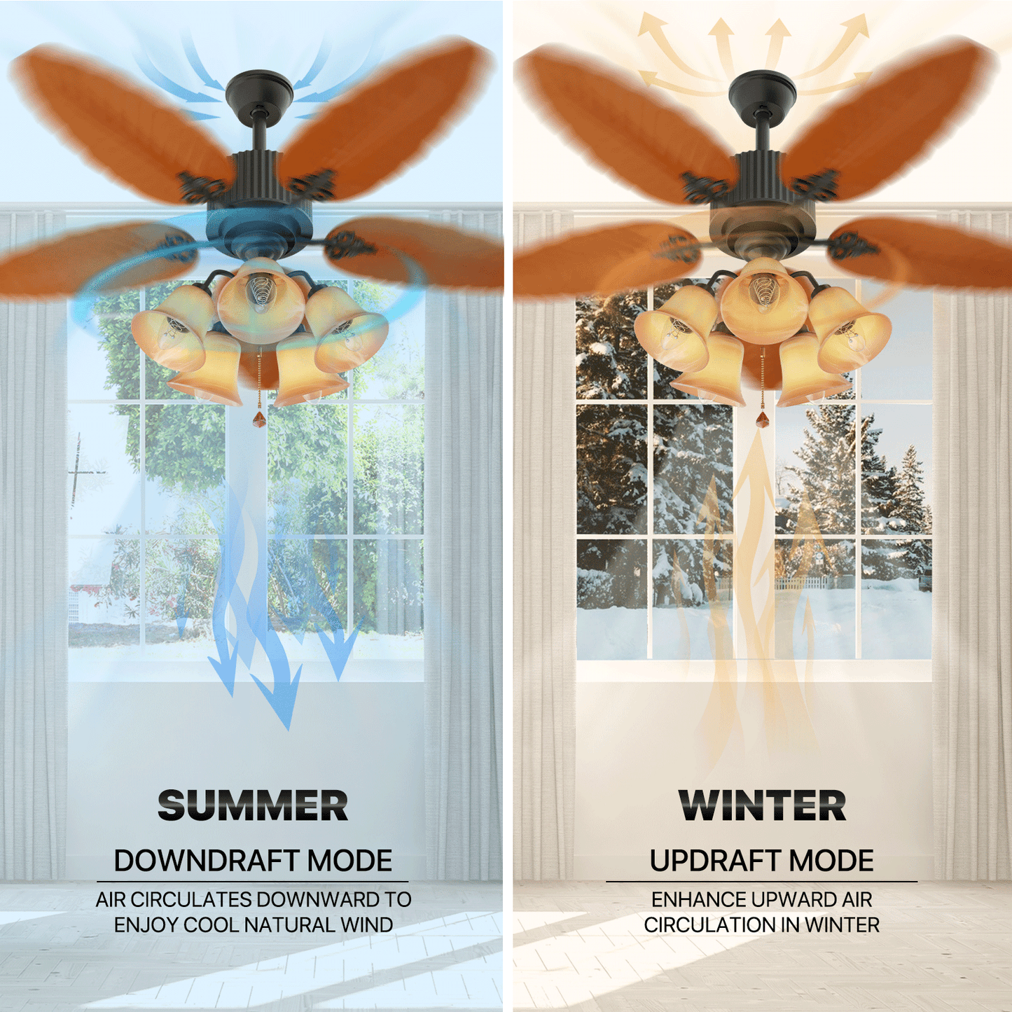 52" Reversible Ceiling Light Fan - Solid Wood Leaf Blade - Remote Control & Timer