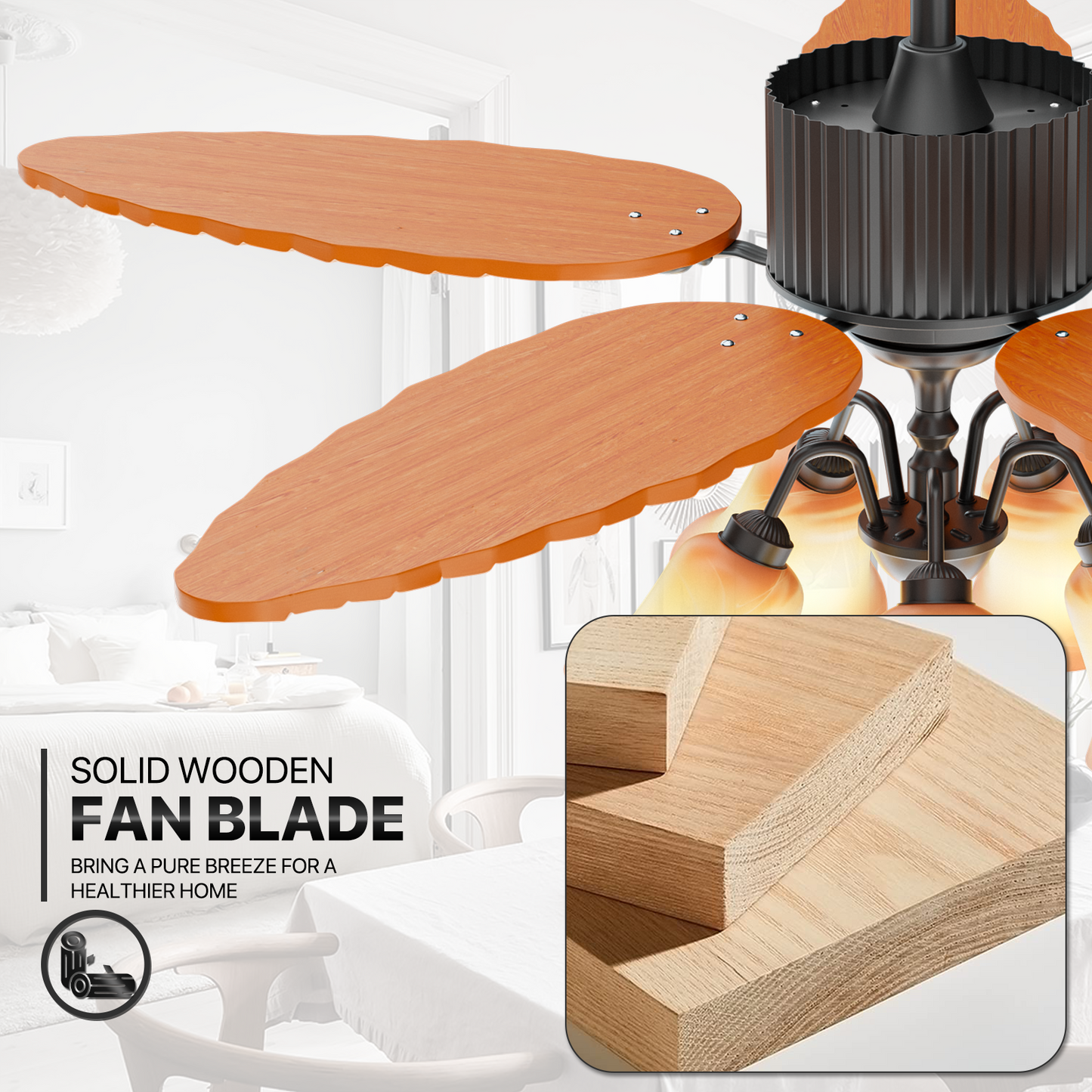 52" Reversible Ceiling Light Fan - Solid Wood Leaf Blade - Remote Control & Timer