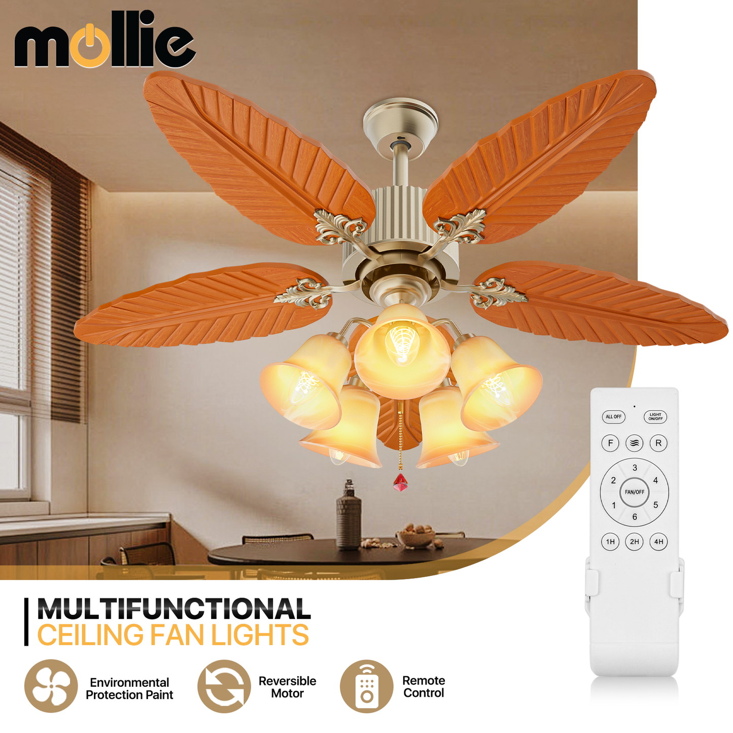 52" Reversible Ceiling Light Fan - Solid Wood Leaf Blade - Remote Control & Timer