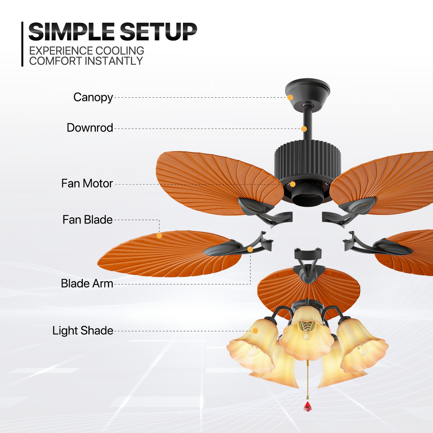 52" Reversible Ceiling Light Fan - Solid Wood Leaf Blade - Remote Control & Timer