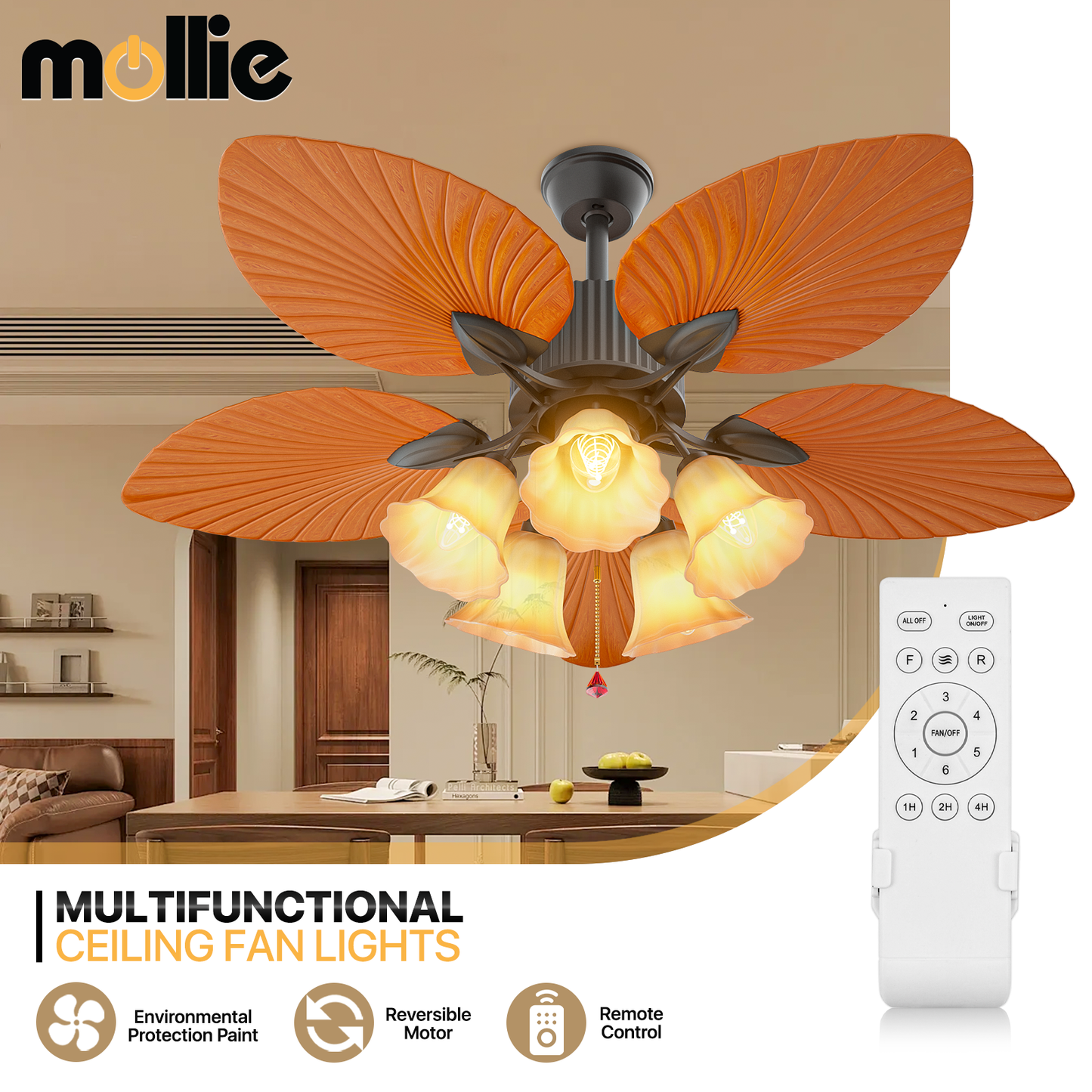 52" Reversible Ceiling Light Fan - Solid Wood Leaf Blade - Remote Control & Timer